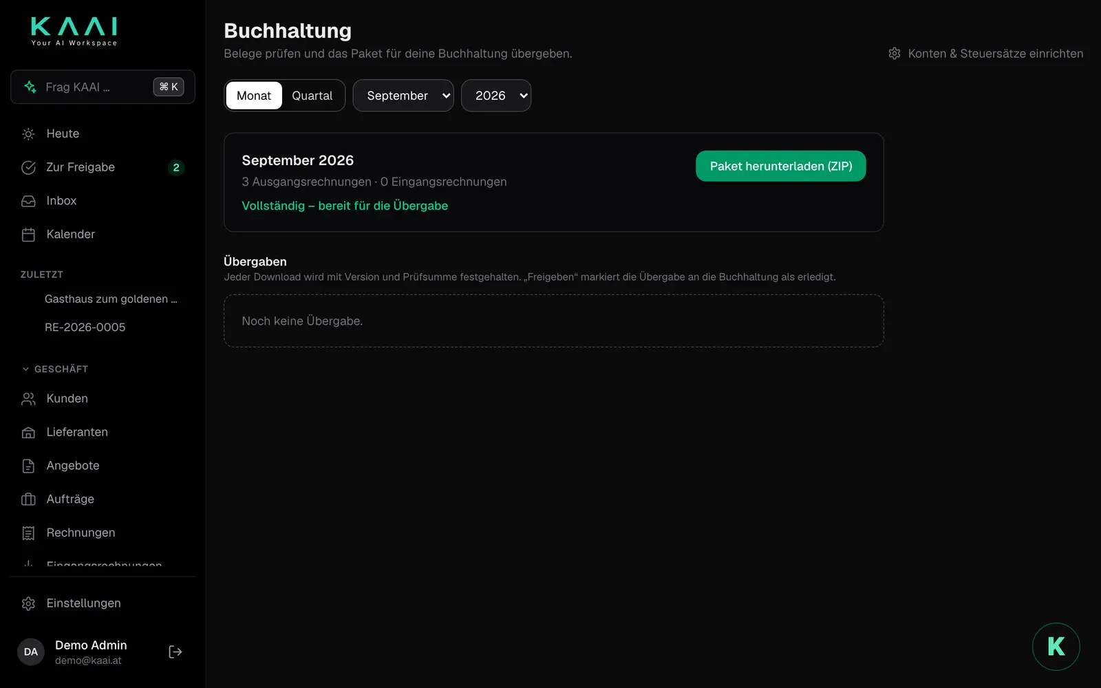 Die Buchhaltung mit Zeitraumwahl, Prüfung und Übergaben