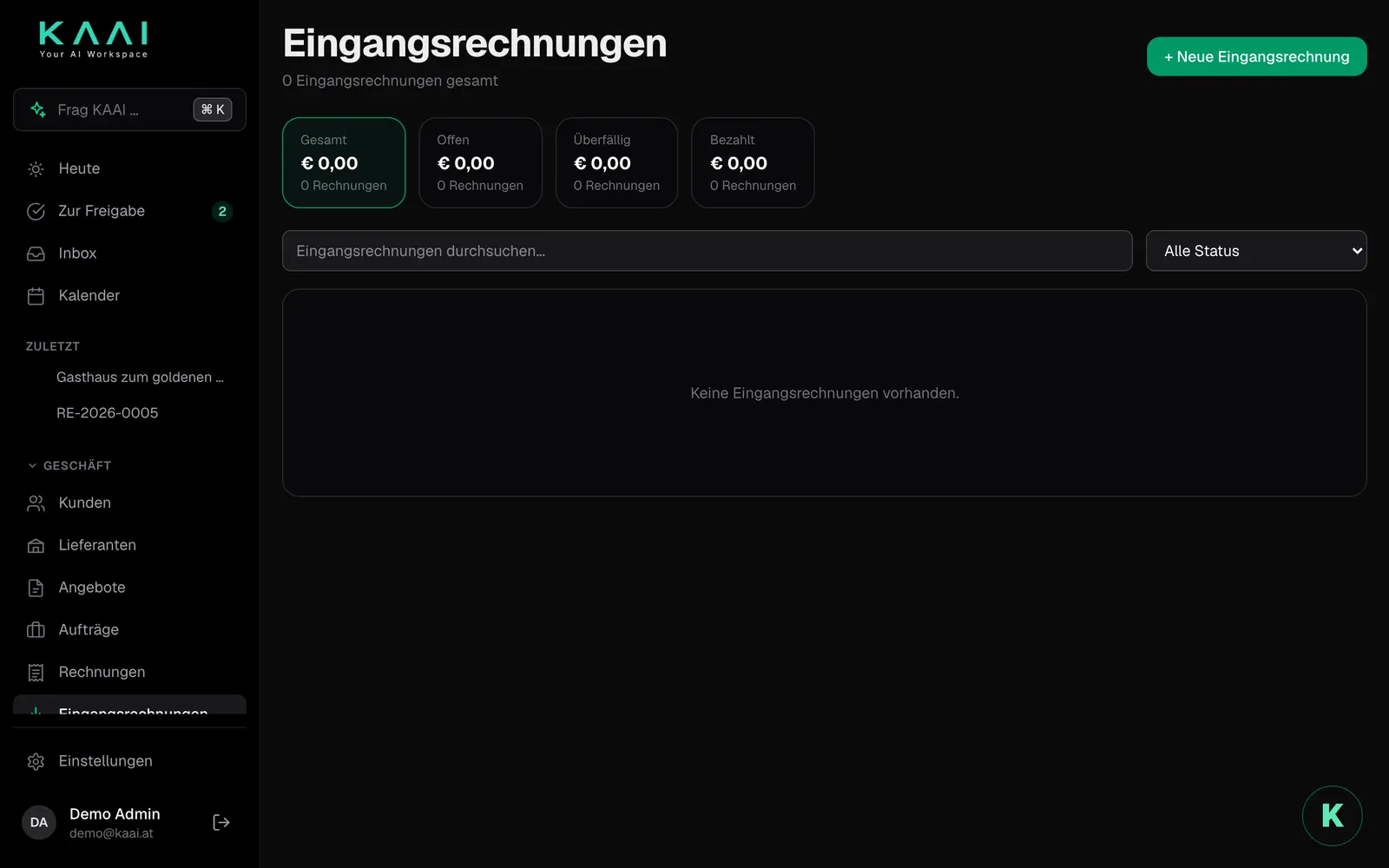 Die Liste der Eingangsrechnungen