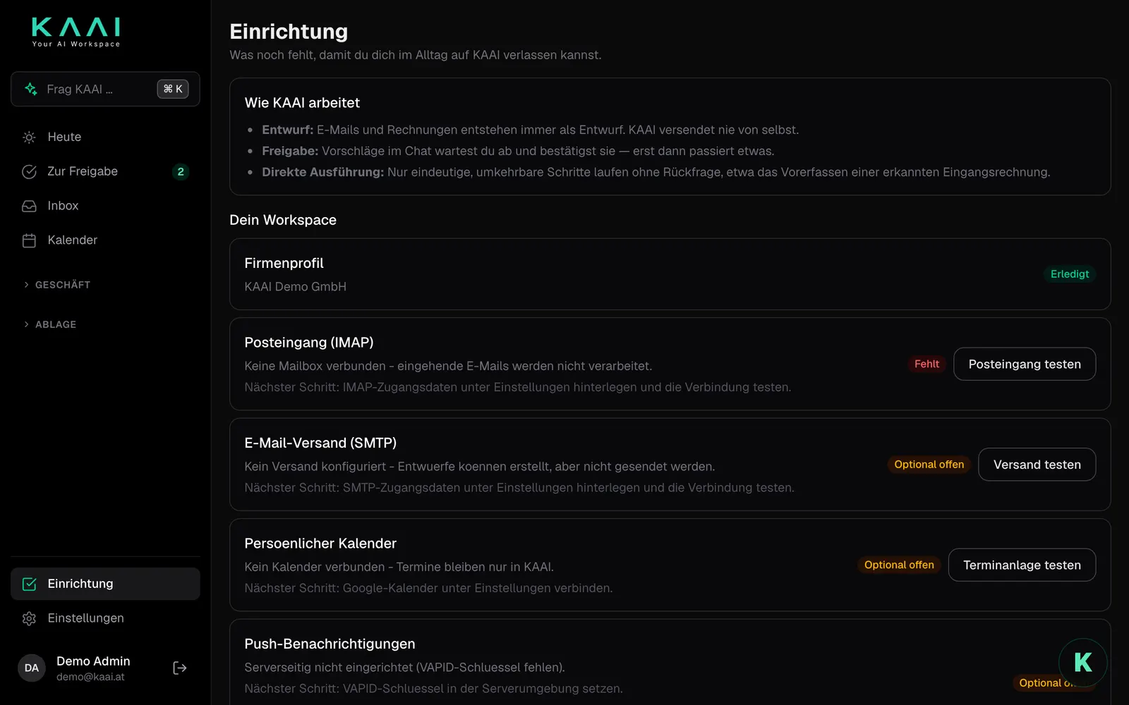 Die Seite Einrichtung zeigt, was erledigt ist und was noch fehlt