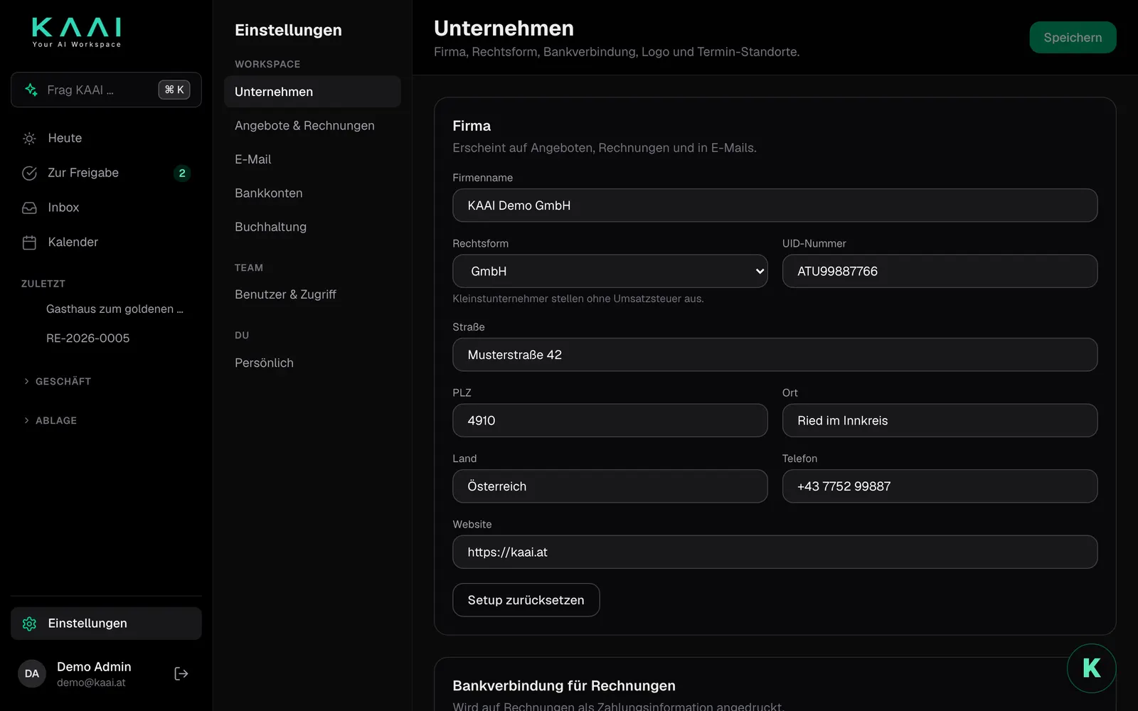 Die Einstellungen mit dem Bereich Unternehmen
