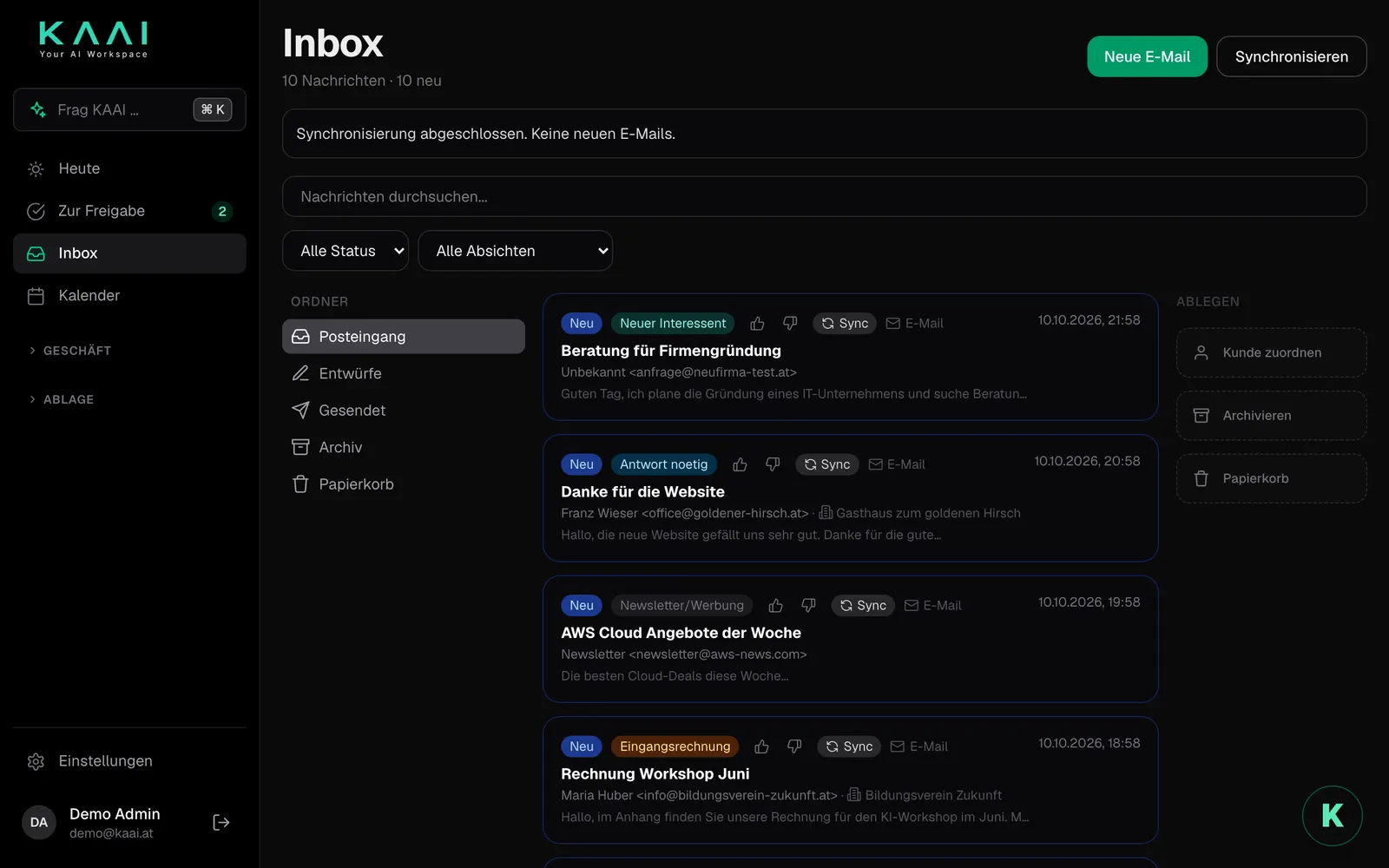 Die Inbox mit Ordnern, erkannten Absichten und der Ablage rechts