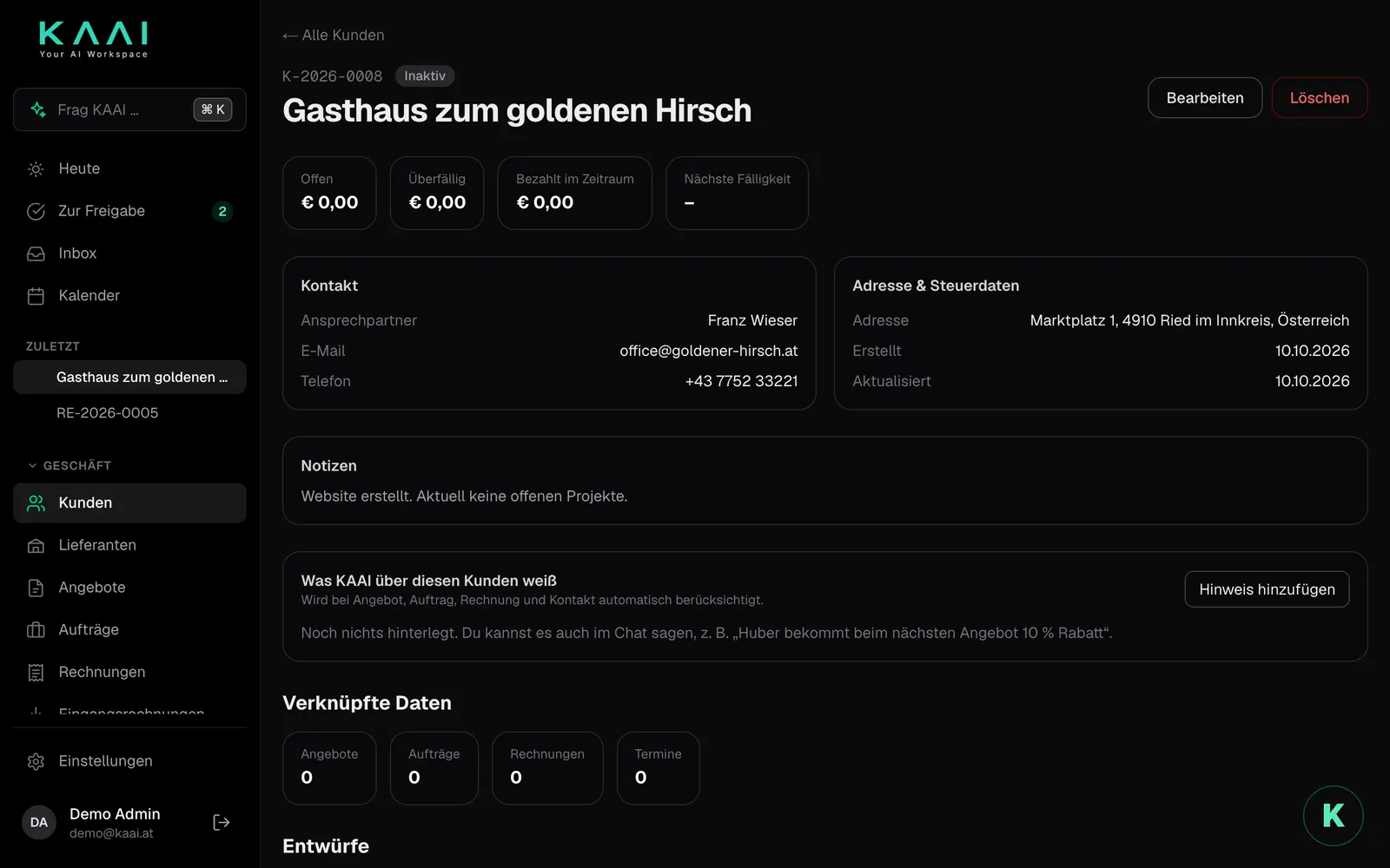 Eine Kundenakte mit Kontaktdaten und Vorgängen